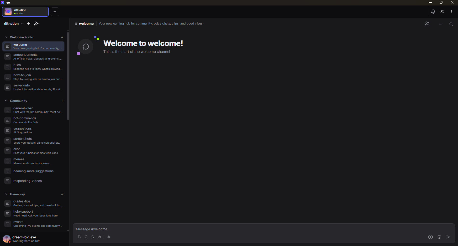 Actual Rift desktop interface showing the riftnation server, its categories and channels, the welcome screen, and the message composer.